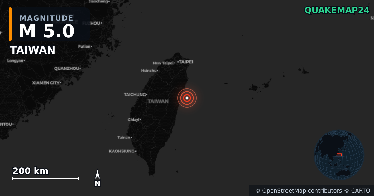 M5.0 earthquake near TAIWAN on Dec 18, 2025 — map of epicenter and shaking intensity | QuakeMap24