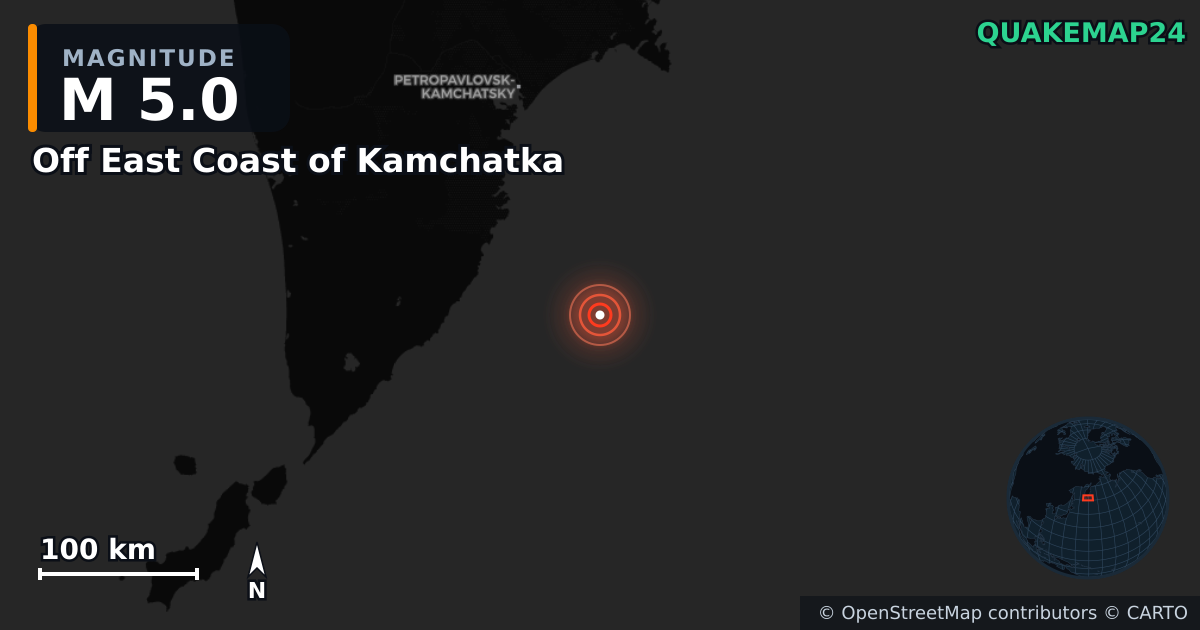 M5.0 earthquake near Off East Coast of Kamchatka on Oct 26, 2025 — map of epicenter and shaking intensity | QuakeMap24