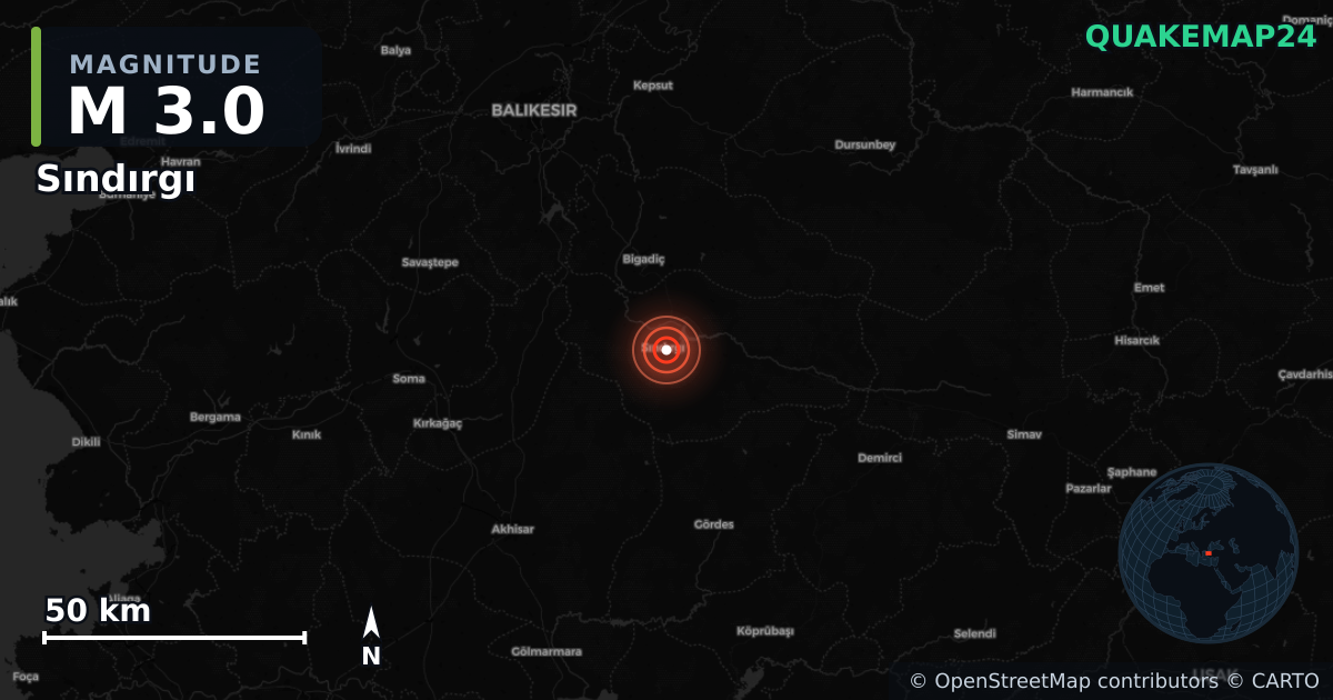 M3.0 earthquake near Sındırgı on Sep 3, 2025 — map of epicenter and shaking intensity | QuakeMap24