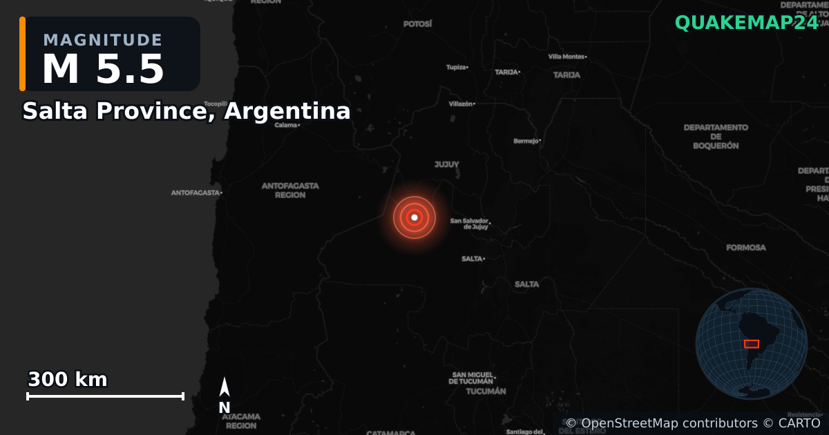 M5.5 earthquake near Salta Province, Argentina on Jan 1, 2026 — map of epicenter and shaking intensity | QuakeMap24