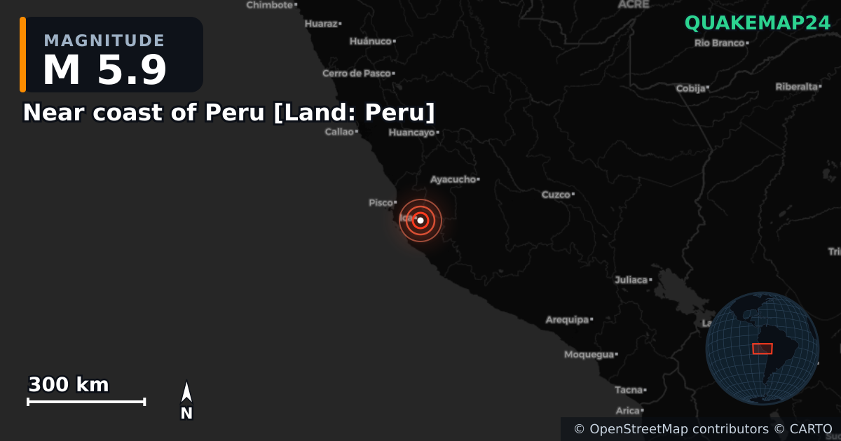 M5.9 earthquake near Near coast of Peru [Land: Peru] on May 19, 2026 — map of epicenter and shaking intensity | QuakeMap24