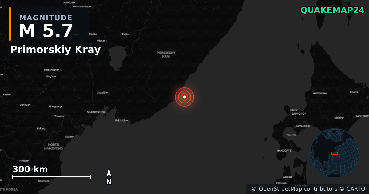 M5.7 earthquake near Primorskiy Kray on Jun 10, 2026 — map of epicenter and shaking intensity | QuakeMap24