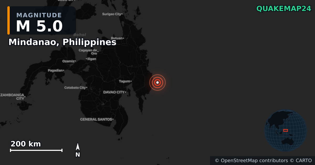 M5.0 earthquake near Mindanao, Philippines on Nov 6, 2025 — map of epicenter and shaking intensity | QuakeMap24