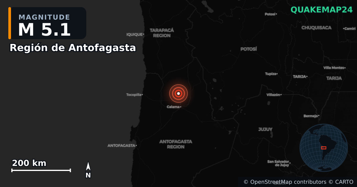 M5.1 earthquake near Región de Antofagasta on Sep 24, 2025 — map of epicenter and shaking intensity | QuakeMap24