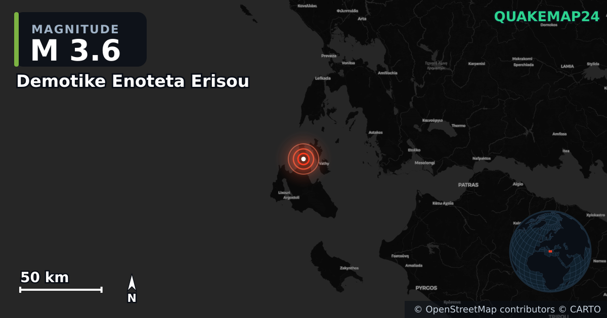 M3.6 earthquake near Demotike Enoteta Erisou on Apr 21, 2026 — map of epicenter and shaking intensity | QuakeMap24
