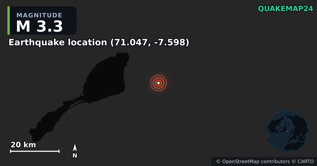 M3.3 earthquake near Earthquake location (71.047, -7.598) on Mar 10, 2025 — map of epicenter and shaking intensity | QuakeMap24