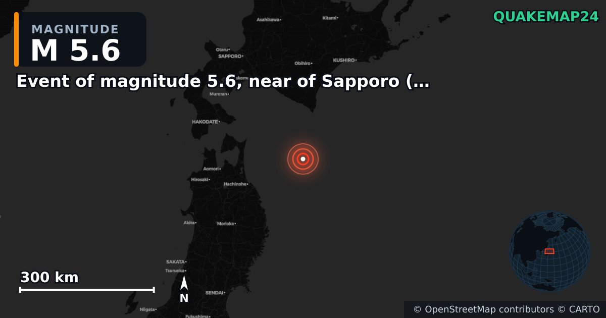 M5.6 earthquake near Event of magnitude 5.6, near of Sapporo (Monde) on Dec 12, 2025 — map of epicenter and shaking intensity | QuakeMap24