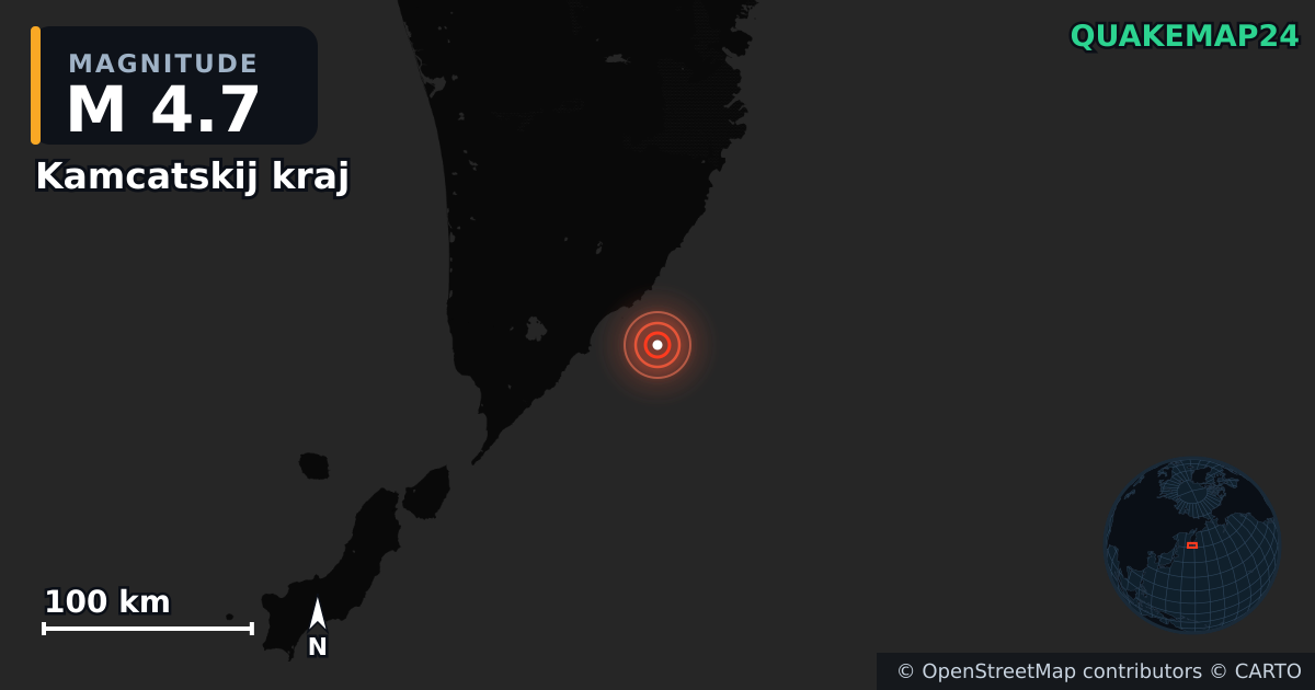 M4.7 earthquake near Kamcatskij kraj on Nov 30, 2025 — map of epicenter and shaking intensity | QuakeMap24