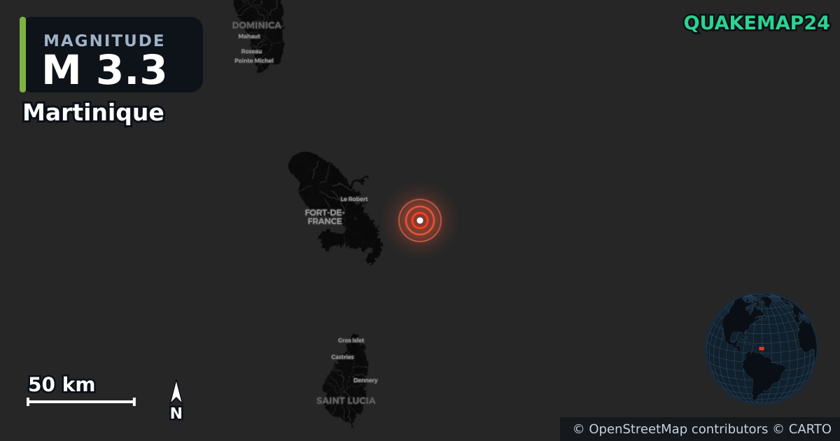 M3.3 earthquake near Martinique on May 28, 2026 — map of epicenter and shaking intensity | QuakeMap24