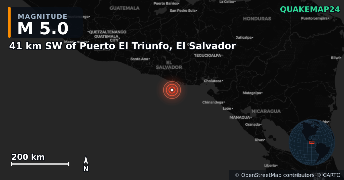 M5.0 earthquake near 41 km SW of Puerto El Triunfo, El Salvador on Mar 20, 2025 — map of epicenter and shaking intensity | QuakeMap24