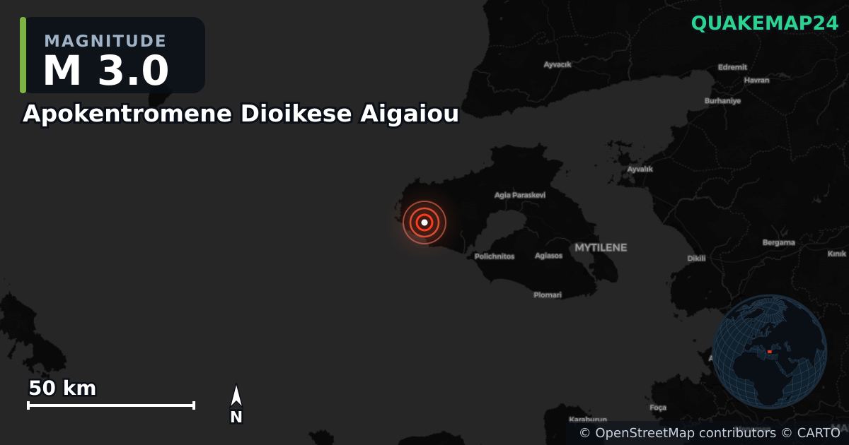 M3.0 earthquake near Apokentromene Dioikese Aigaiou on Dec 12, 2025 — map of epicenter and shaking intensity | QuakeMap24