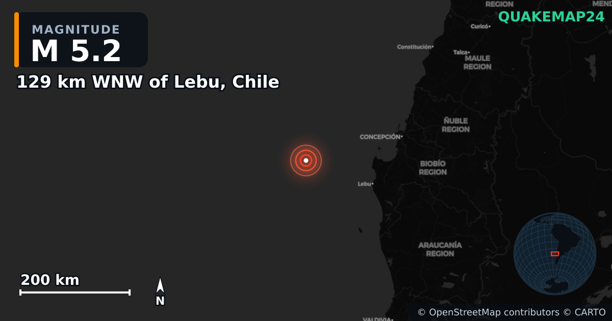 Erdbeben M5,2 bei 129 km WNW of Lebu, Chile · 2025-02-11 — Karte der Lage des Epizentrums