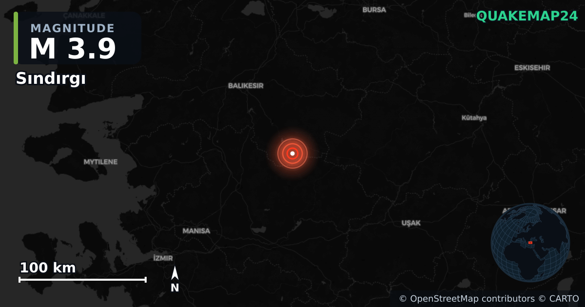 M3.9 earthquake near Sındırgı on Jan 25, 2026 — map of epicenter and shaking intensity | QuakeMap24