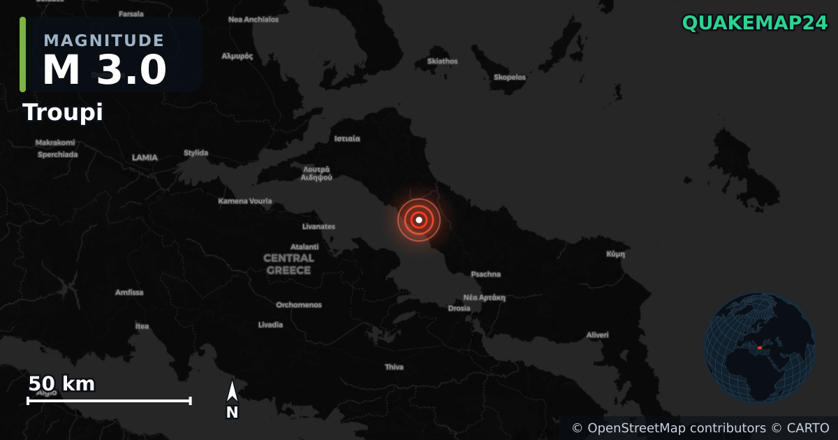 M3.0 earthquake near Troupi on Jul 21, 2026 — map of epicenter and shaking intensity | QuakeMap24