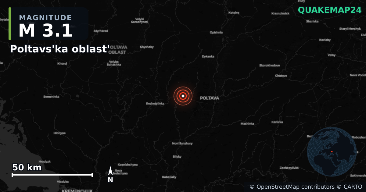 M3.1 earthquake near Poltavs'ka oblast' on Jun 30, 2025 — map of epicenter and shaking intensity | QuakeMap24