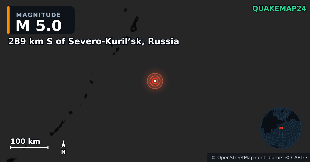 289 km S of Severo-Kuril’sk, Russia yakınında M5,0 deprem — Deprem merkez üssünün konumunu gösteren harita