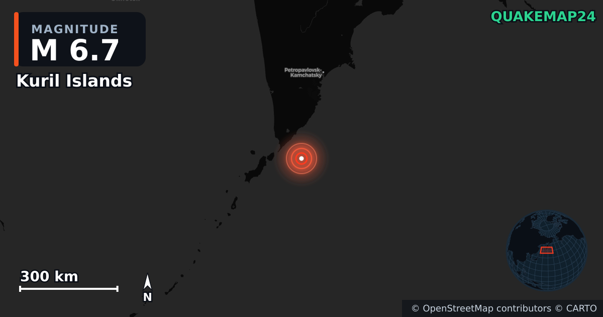 M6.7 earthquake near Kuril Islands on Aug 3, 2025 — map of epicenter and shaking intensity | QuakeMap24