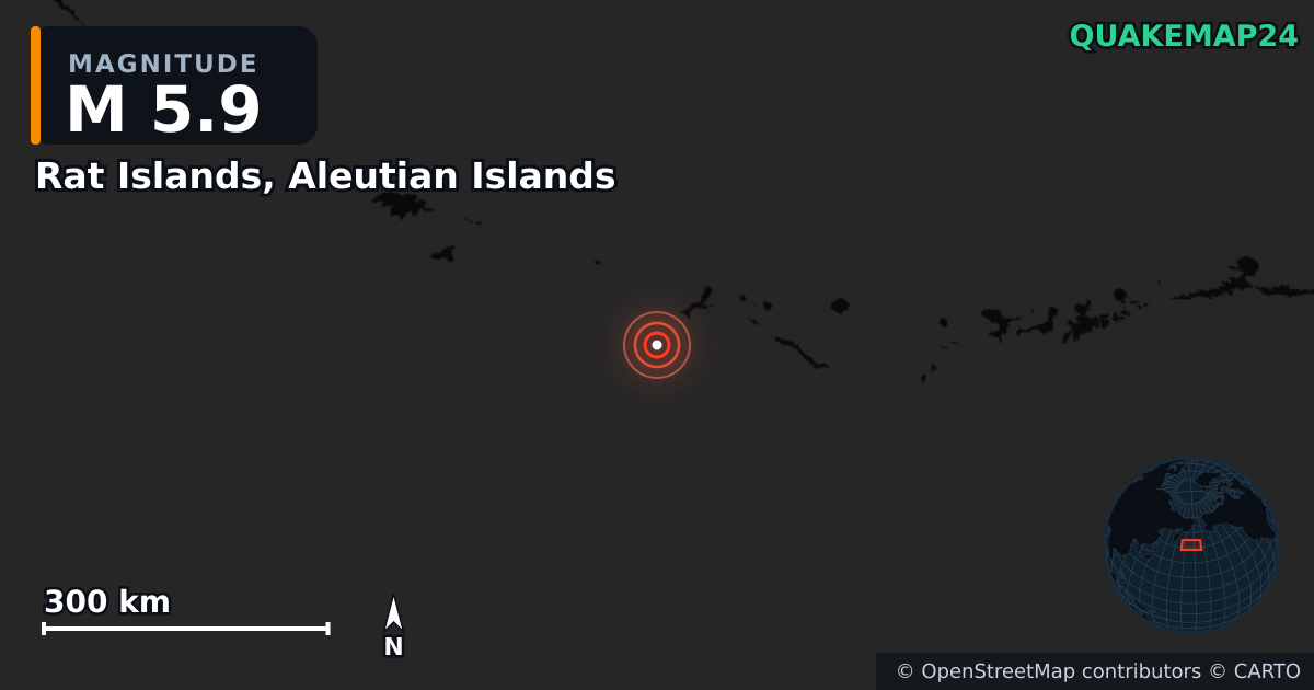 M5.9 earthquake near Rat Islands, Aleutian Islands on Jan 15, 2026 — map of epicenter and shaking intensity | QuakeMap24