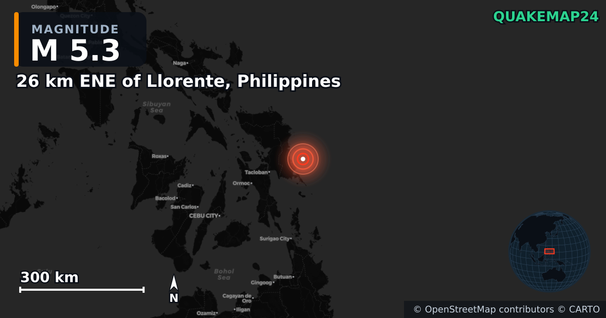 M5.3 earthquake near 26 km ENE of Llorente, Philippines on Feb 14, 2025 — map of epicenter and shaking intensity | QuakeMap24