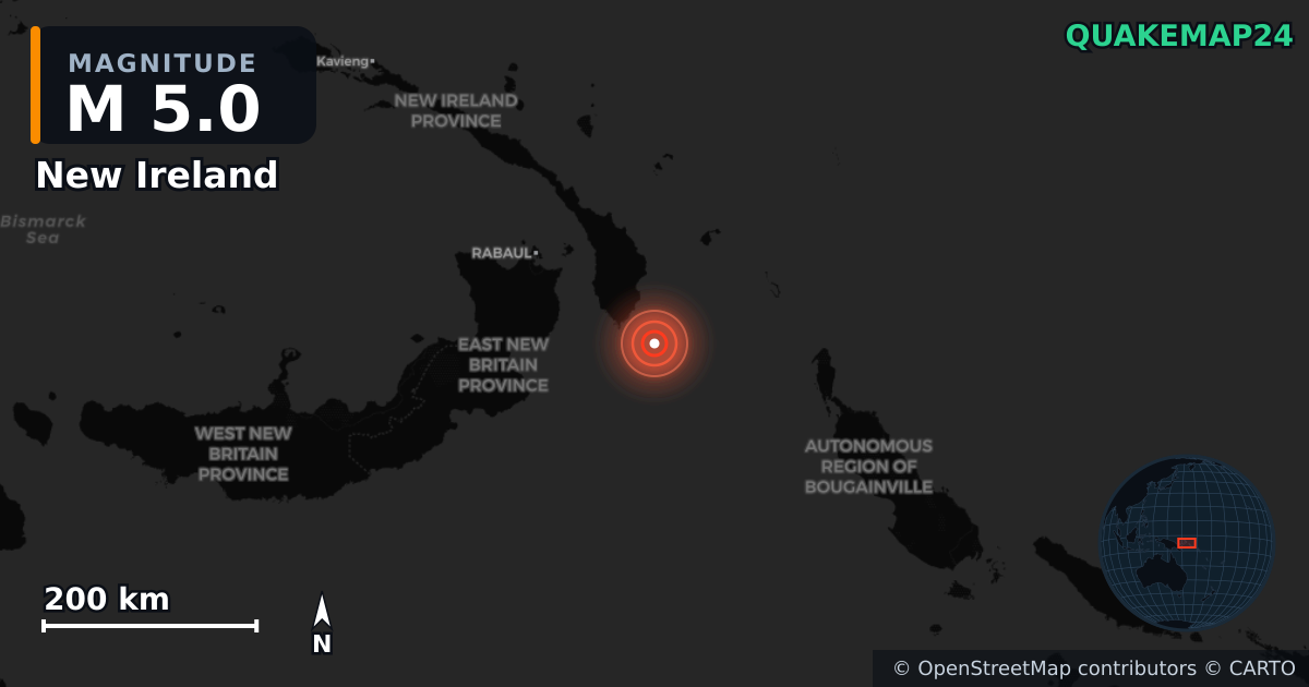 M5.0 earthquake near New Ireland on Aug 24, 2025 — map of epicenter and shaking intensity | QuakeMap24