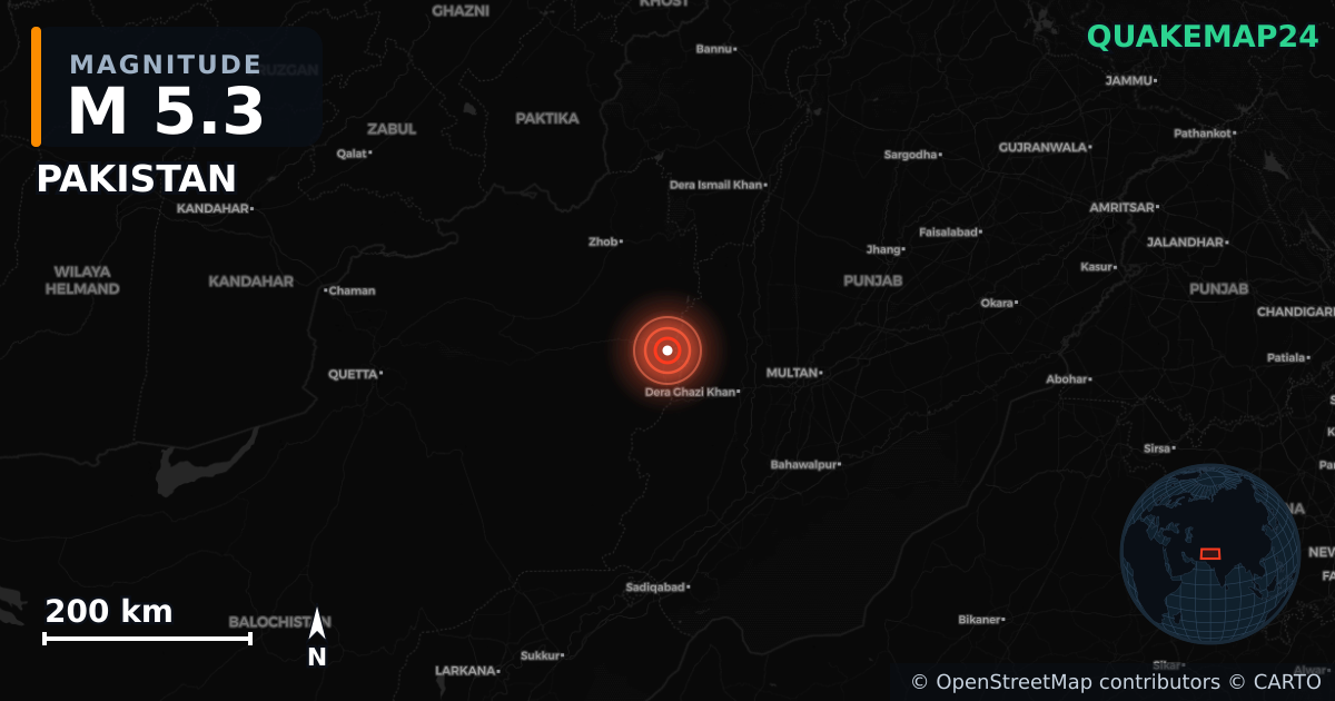 M5.3 earthquake near PAKISTAN on Jun 28, 2025 — map of epicenter and shaking intensity | QuakeMap24