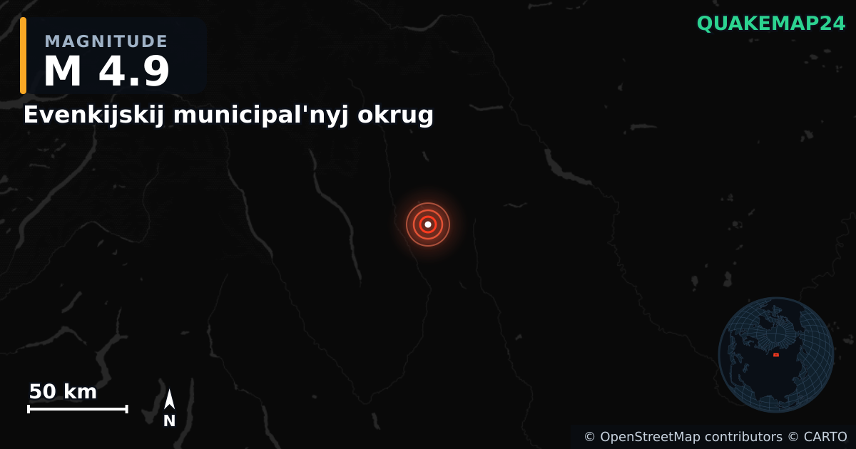 M4.9 earthquake near Evenkijskij municipal'nyj okrug on May 20, 2026 — map of epicenter and shaking intensity | QuakeMap24
