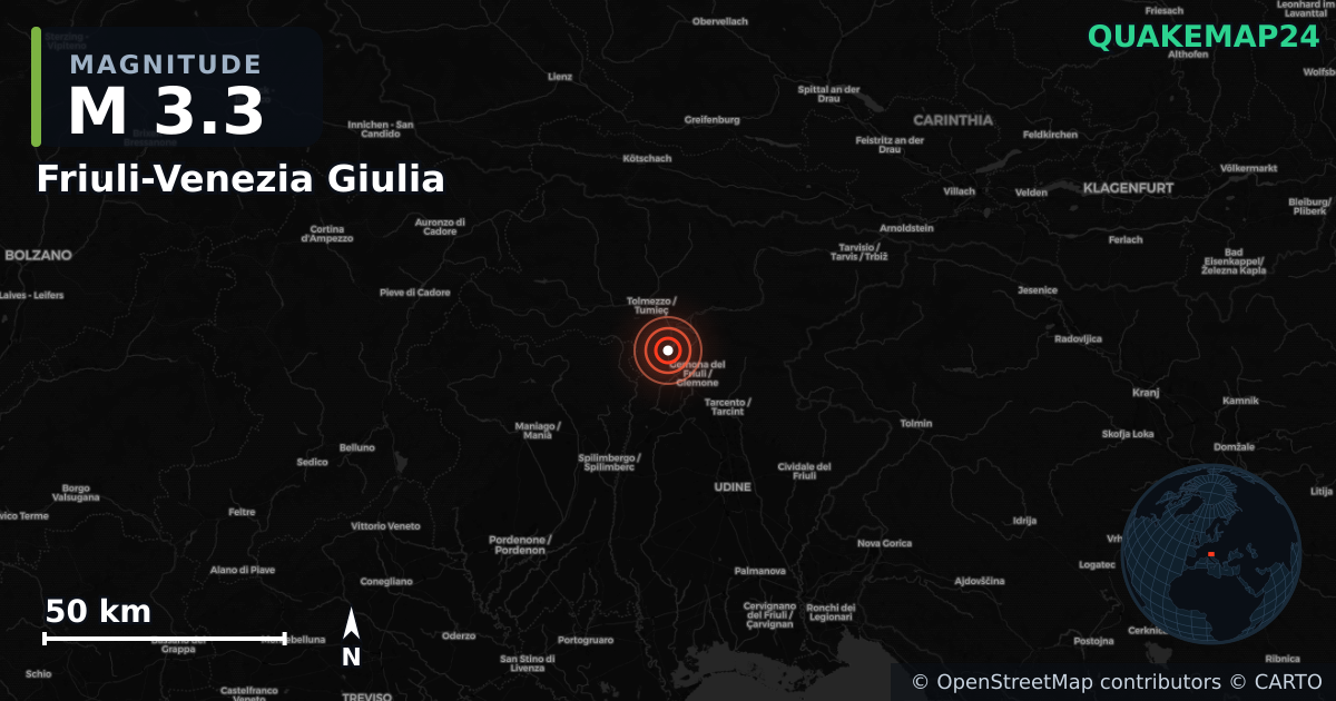 M3.3 earthquake near Friuli-Venezia Giulia on Jul 21, 2025 — map of epicenter and shaking intensity | QuakeMap24