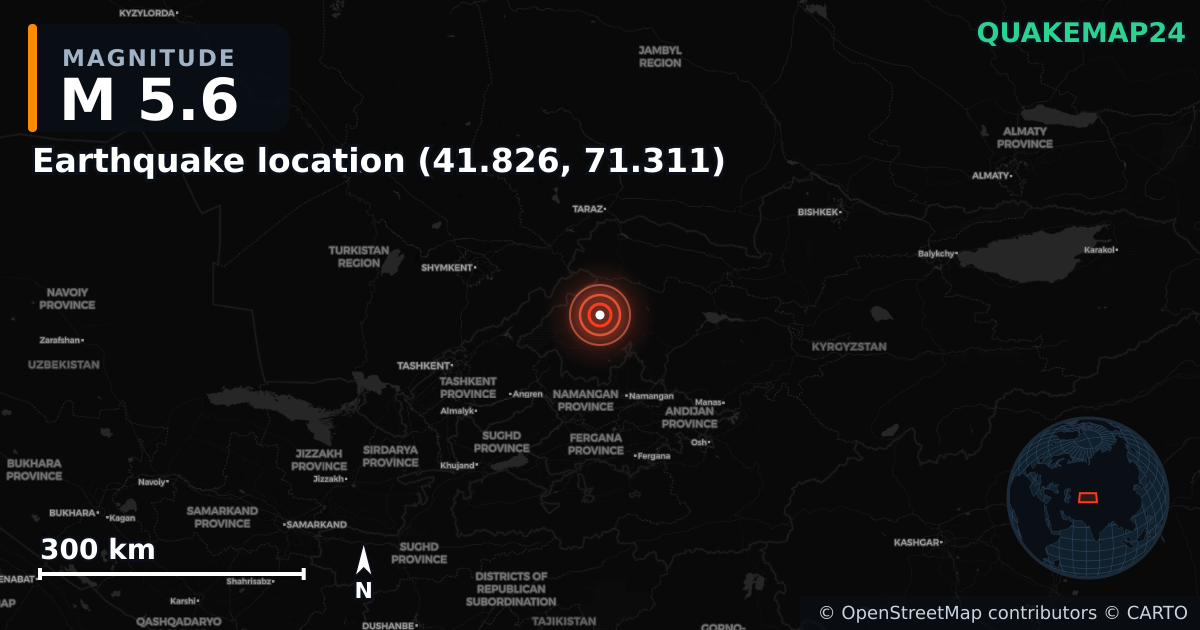 M5.6 earthquake near Erdbeben-Standort (41.826, 71.311) on Oct 5, 2025 — map of epicenter and shaking intensity | QuakeMap24