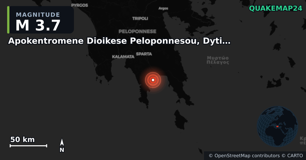 M3.7 earthquake near Apokentromene Dioikese Peloponnesou, Dytikes Elladas kai Ioniou on Sep 26, 2025 — map of epicenter and shaking intensity | QuakeMap24