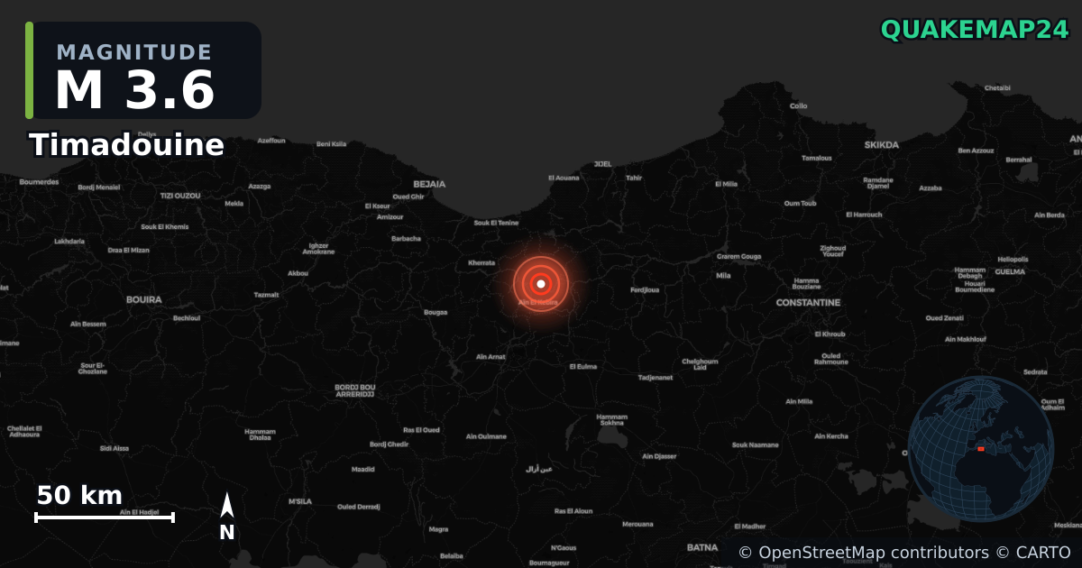 M3.6 earthquake near Timadouine on May 29, 2026 — map of epicenter and shaking intensity | QuakeMap24