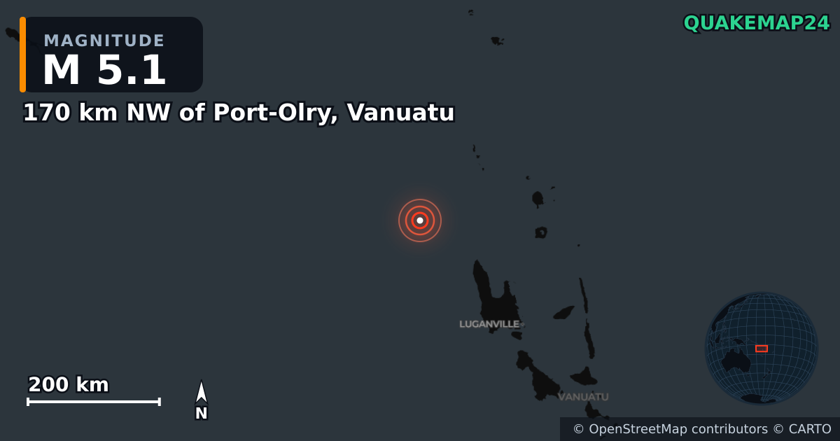 Σεισμός M5,1 κοντά στο 170 km NW of Port-Olry, Vanuatu · 2026-10-24 — Χάρτης της θέσης του επικέντρου