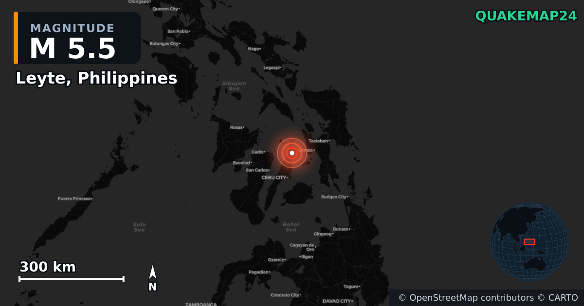 M5.5 earthquake near Leyte, Philippines on Apr 6, 2026 — map of epicenter and shaking intensity | QuakeMap24