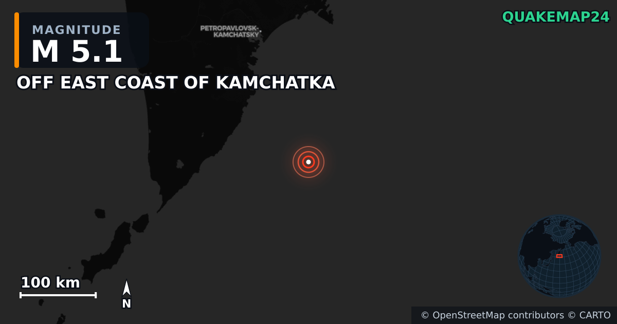 M5.1 earthquake near OFF EAST COAST OF KAMCHATKA on Jul 31, 2025 — map of epicenter and shaking intensity | QuakeMap24