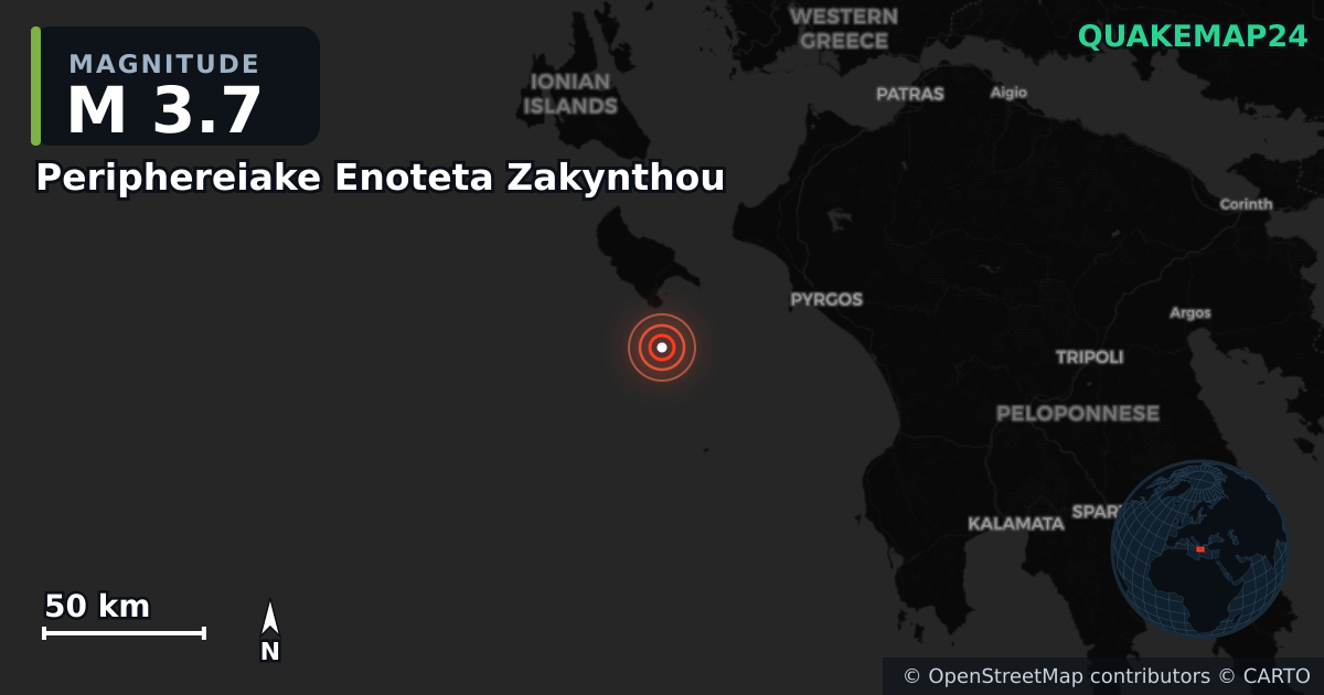 M3.7 earthquake near Periphereiake Enoteta Zakynthou on Sep 28, 2025 — map of epicenter and shaking intensity | QuakeMap24