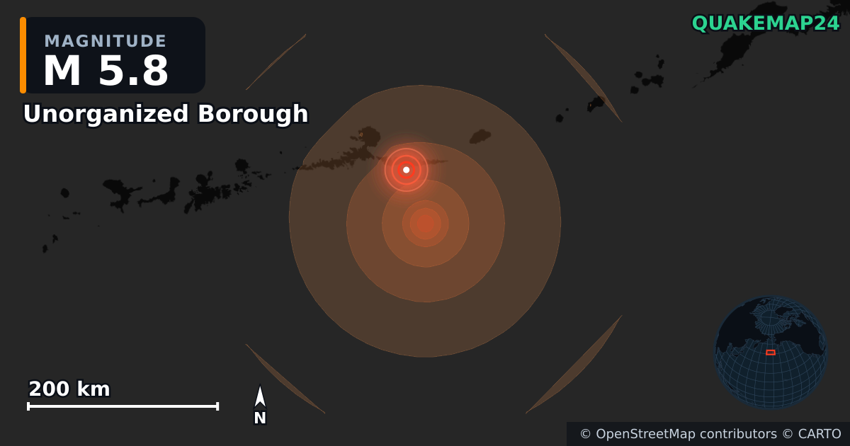 M5.8 earthquake near Unorganized Borough on Jul 26, 2026 — map of epicenter and shaking intensity | QuakeMap24