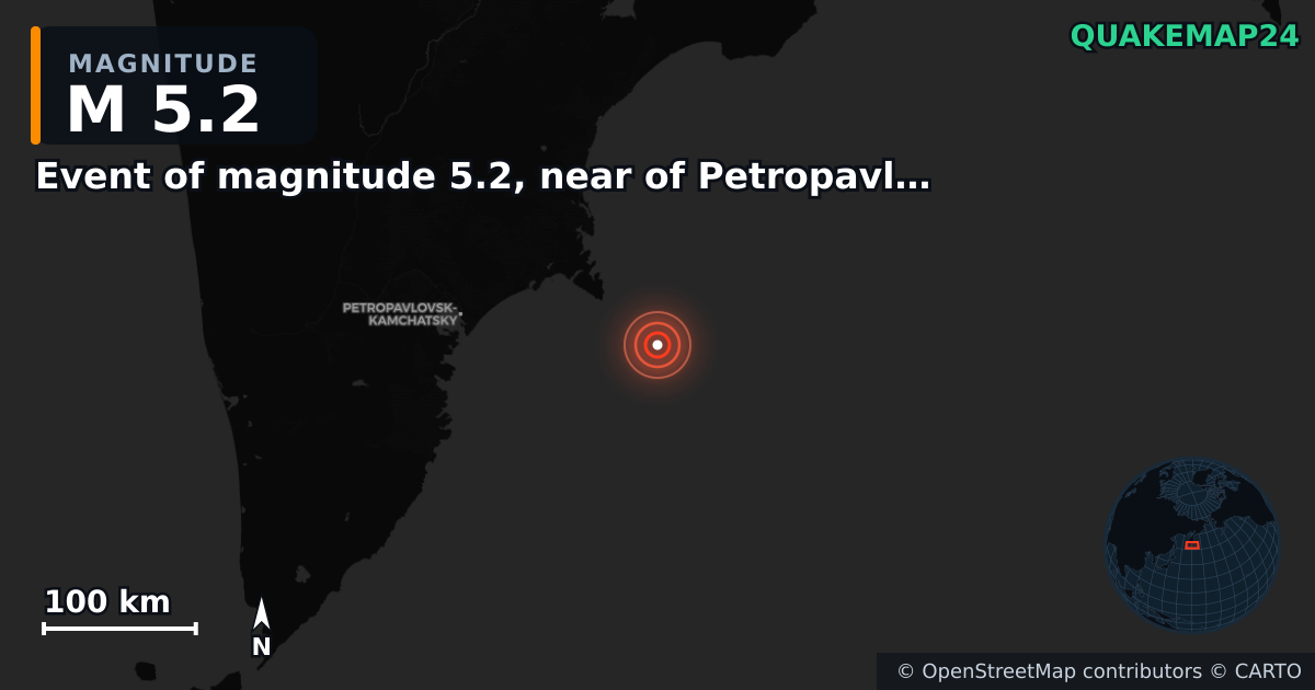 M5.2 earthquake near Event of magnitude 5.2, near of Petropavlovsk Kamchatskiy (Monde) on Sep 18, 2025 — map of epicenter and shaking intensity | QuakeMap24