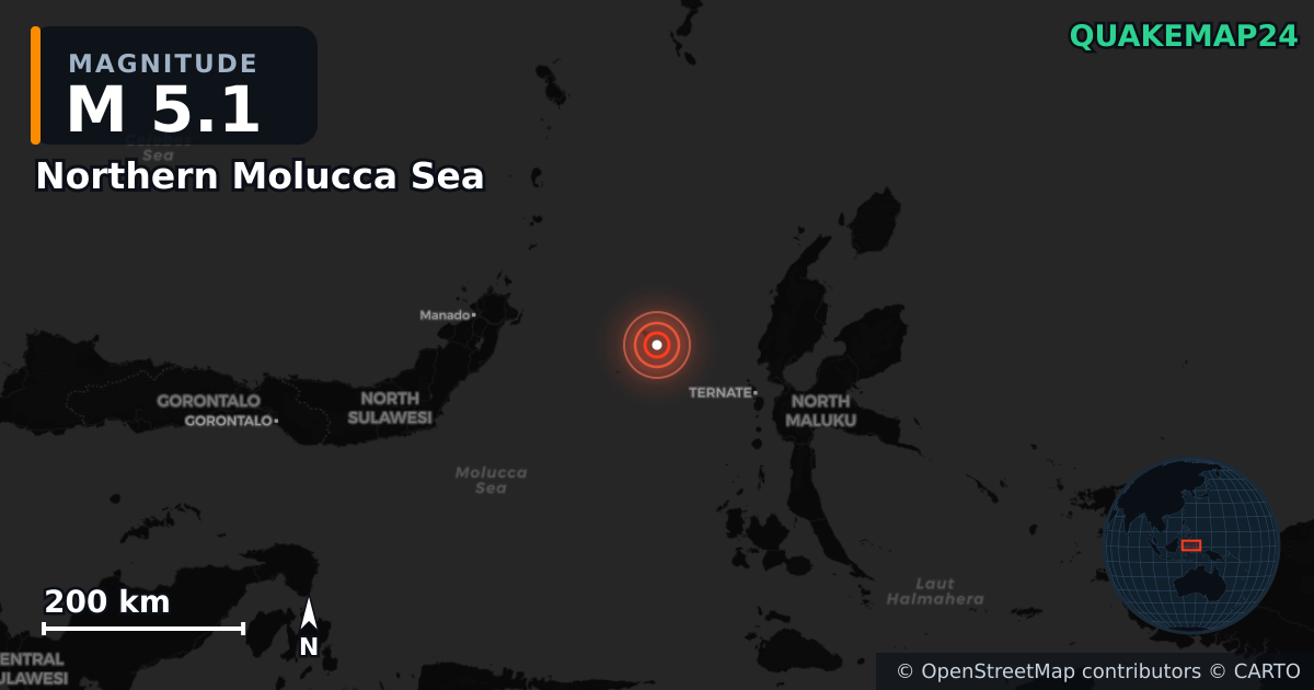 Erdbeben M5,1 bei Northern Molucca Sea — Karte der Lage des Epizentrums