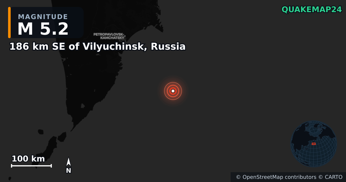 186 km SE of Vilyuchinsk, Russia yakınında M5,2 deprem — Deprem merkez üssünün konumunu gösteren harita
