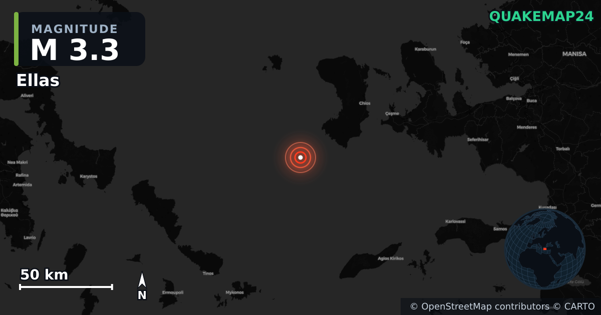 M3.3 earthquake near Ellas on Aug 26, 2025 — map of epicenter and shaking intensity | QuakeMap24
