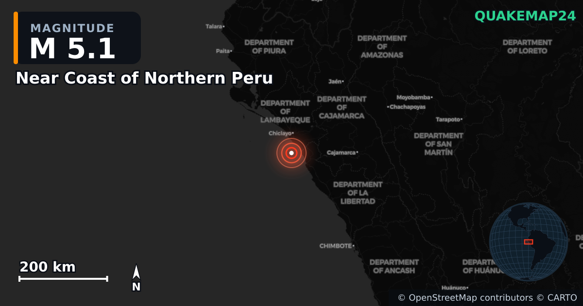 M5.1 earthquake near Near Coast of Northern Peru on Nov 9, 2025 — map of epicenter and shaking intensity | QuakeMap24