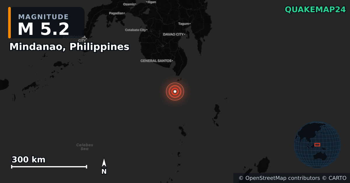 M5.2 earthquake near Mindanao, Philippines on Jun 8, 2026 — map of epicenter and shaking intensity | QuakeMap24