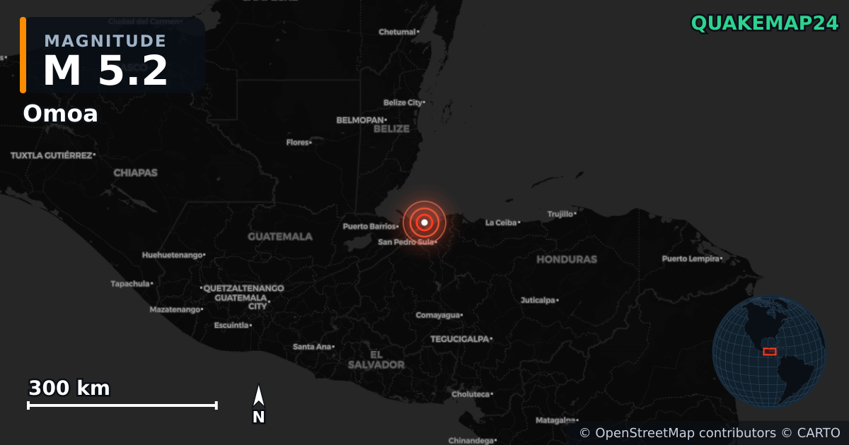 M5.2 earthquake near Omoa on Jan 16, 2026 — map of epicenter and shaking intensity | QuakeMap24