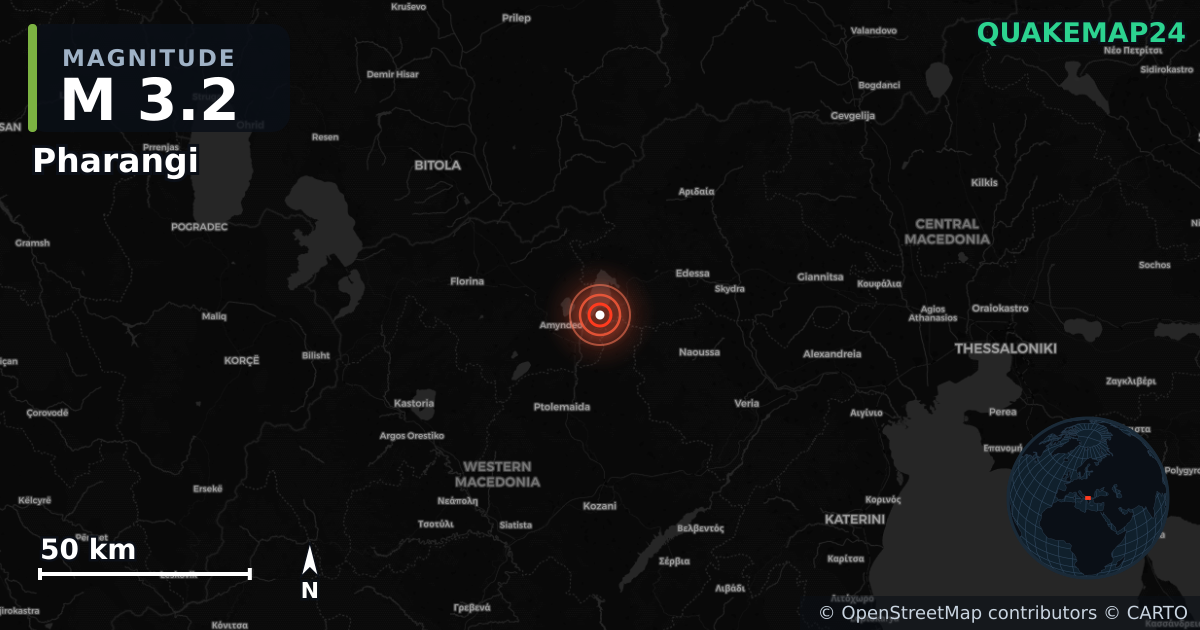 Sismo de M3,2 perto de Pharangi, Western Macedonia (Grécia) · 2026-05-02 — Mapa da localização do epicentro