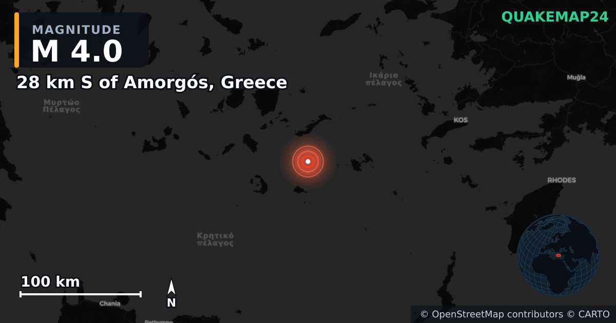 M4.0 earthquake near 28 km S of Amorgós, Greece on Feb 17, 2025 — map of epicenter and shaking intensity | QuakeMap24