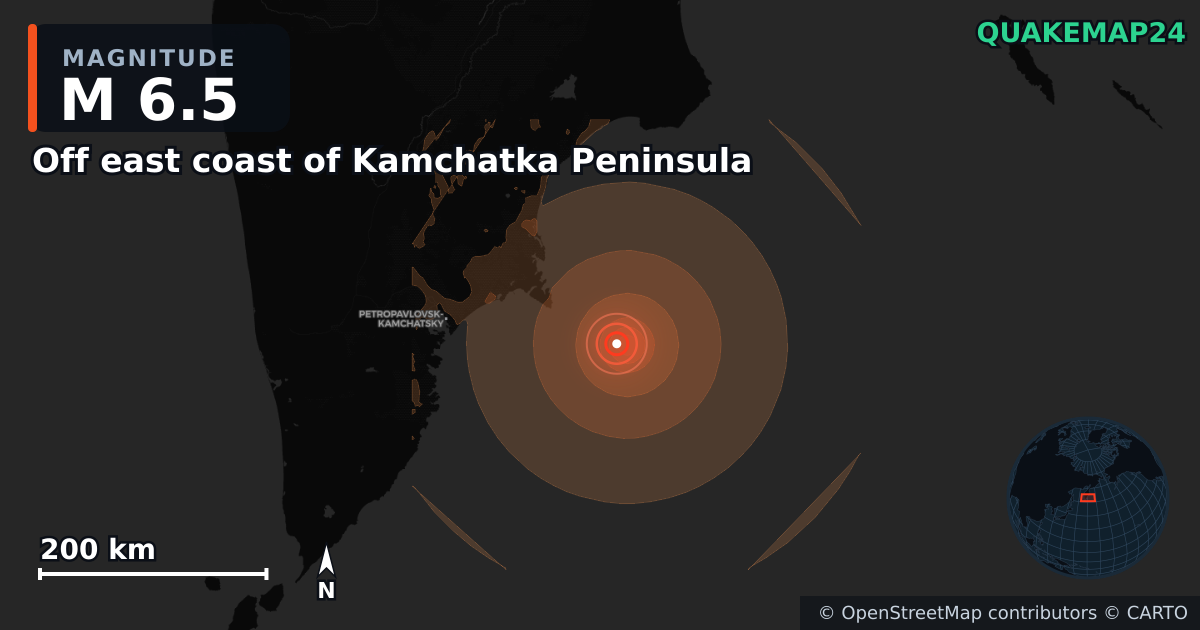 M6.5 earthquake near Off east coast of Kamchatka Peninsula on Jun 19, 2026 — map of epicenter and shaking intensity | QuakeMap24