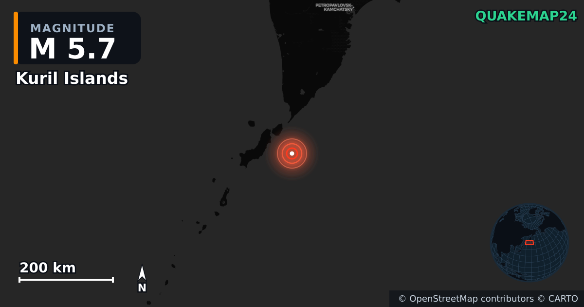 M5.7 earthquake near Kuril Islands on Dec 7, 2025 — map of epicenter and shaking intensity | QuakeMap24