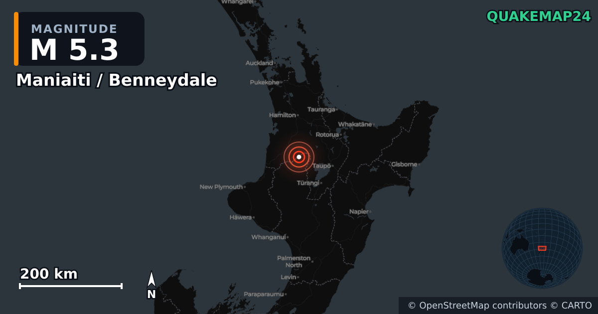 Maniaiti / Benneydale, Waikato (Yeni Zelanda) yakınında M5,3 deprem · 2026-10-15 — Deprem merkez üssünün konumunu gösteren harita