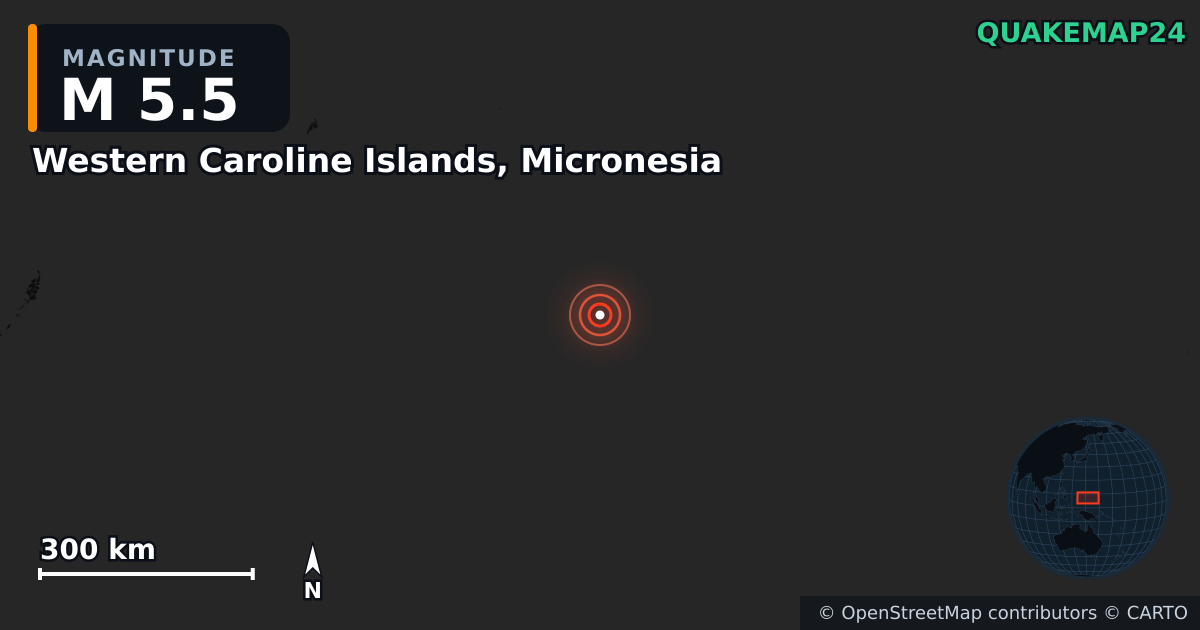 Erdbeben M5,5 bei Western Caroline Islands, Micronesia — Karte der Lage des Epizentrums