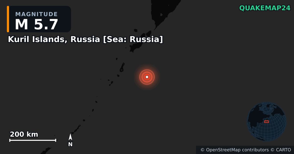 Kuril Islands, Russia [Sea: Russia] yakınında M5,7 deprem — Deprem merkez üssünün konumunu gösteren harita