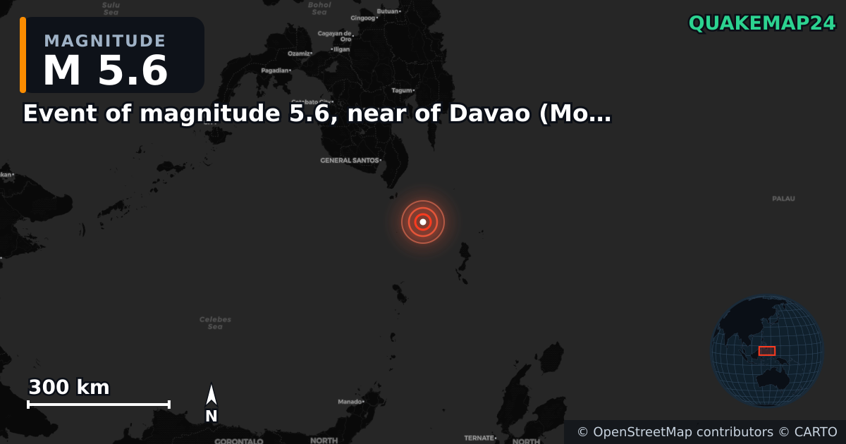 M5.6 earthquake near Event of magnitude 5.6, near of Davao (Monde) on Apr 4, 2026 — map of epicenter and shaking intensity | QuakeMap24